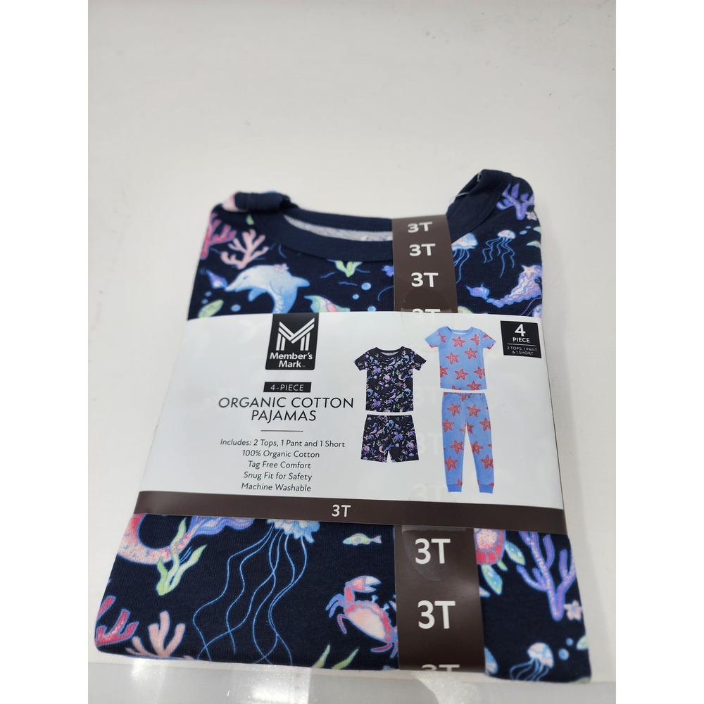 Member's Mark Girls Sea Life Pajamas 4-Piece Blue Cotton Snug Fit Size 3T